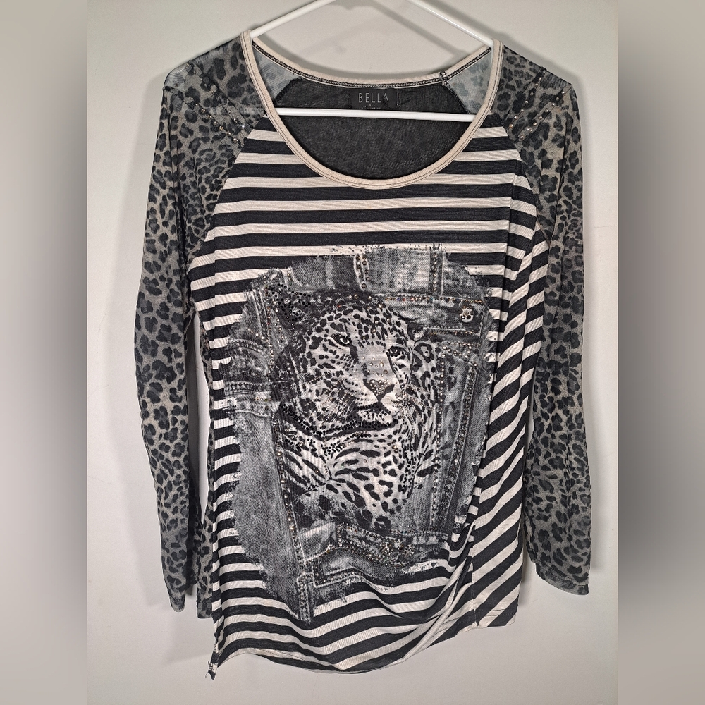 Bella Sheer Cheetah Embellished Long Sleeve Top Size Large